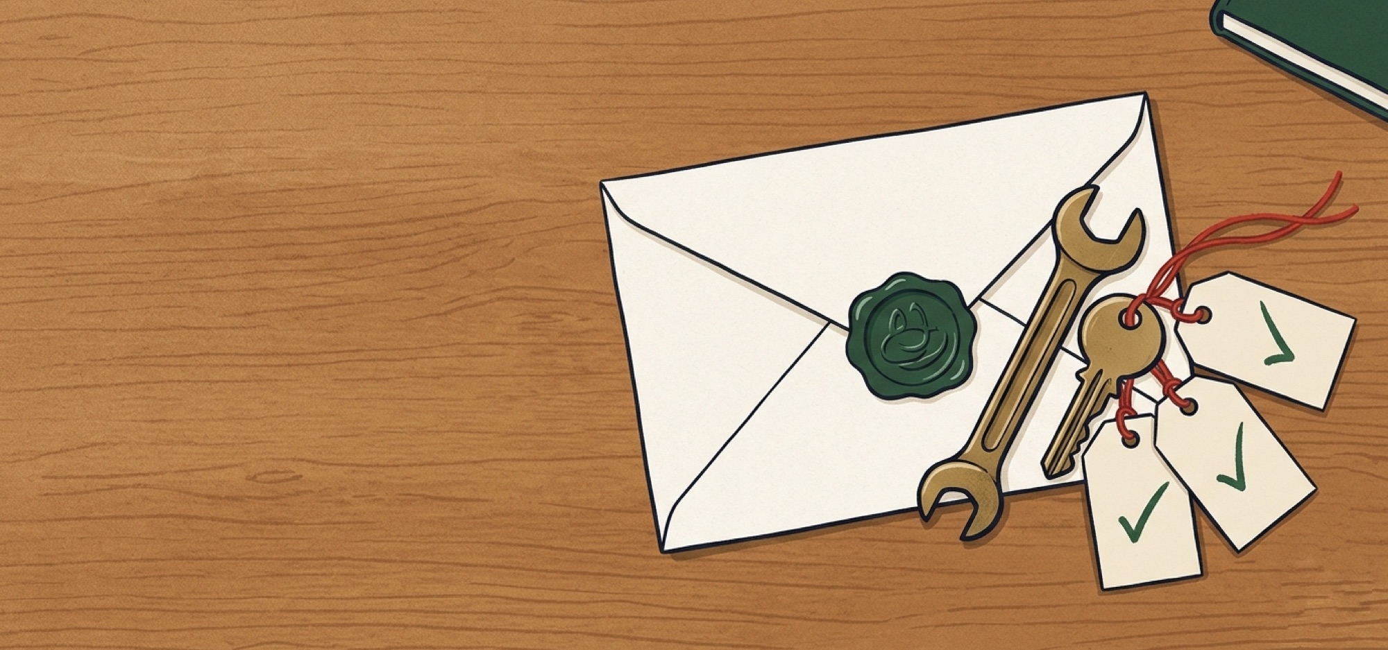 Editorial illustration: a cream envelope sealed with a forest-green wax stamp on a wooden desk, with a brass spanner and key laid across it and a cluster of cream tags ticked in green — maintenance work, done and signed off.