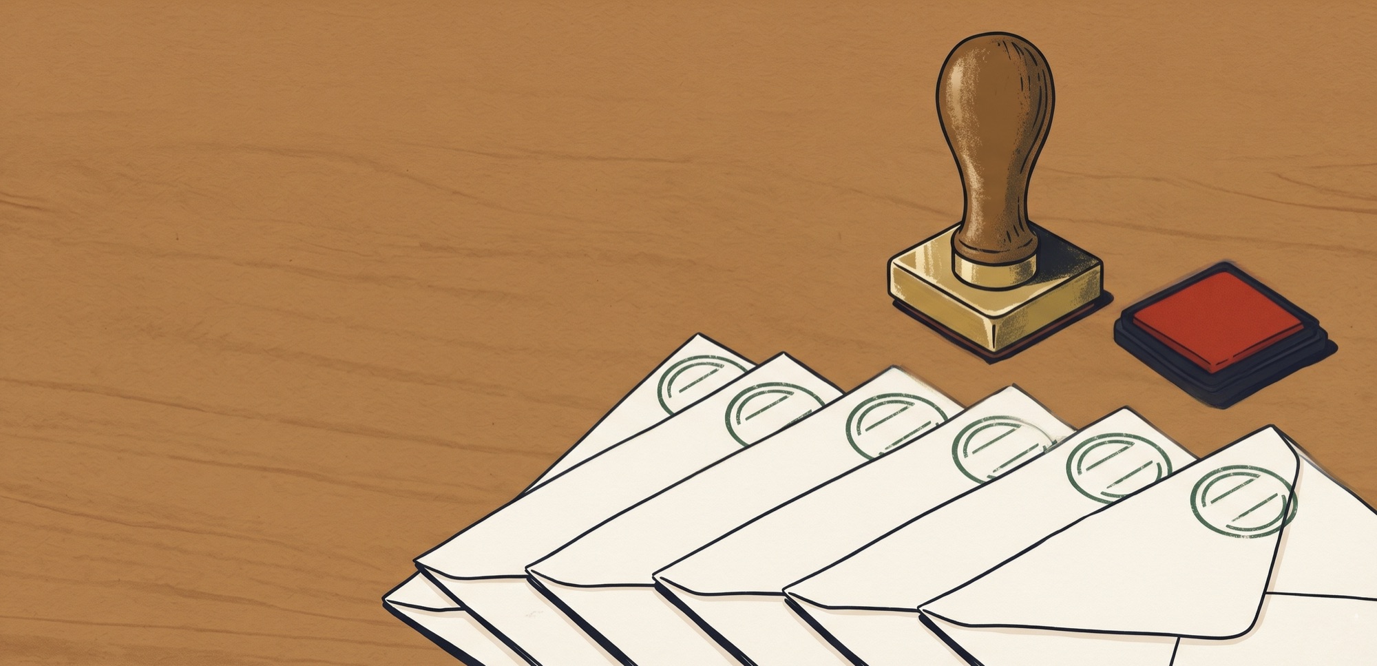 Editorial illustration: a brass rubber stamp and red ink pad on a wooden desk, beside a fanned row of five cream envelopes — each already pressed with the same forest-green circular postmark. One tool, many letters.