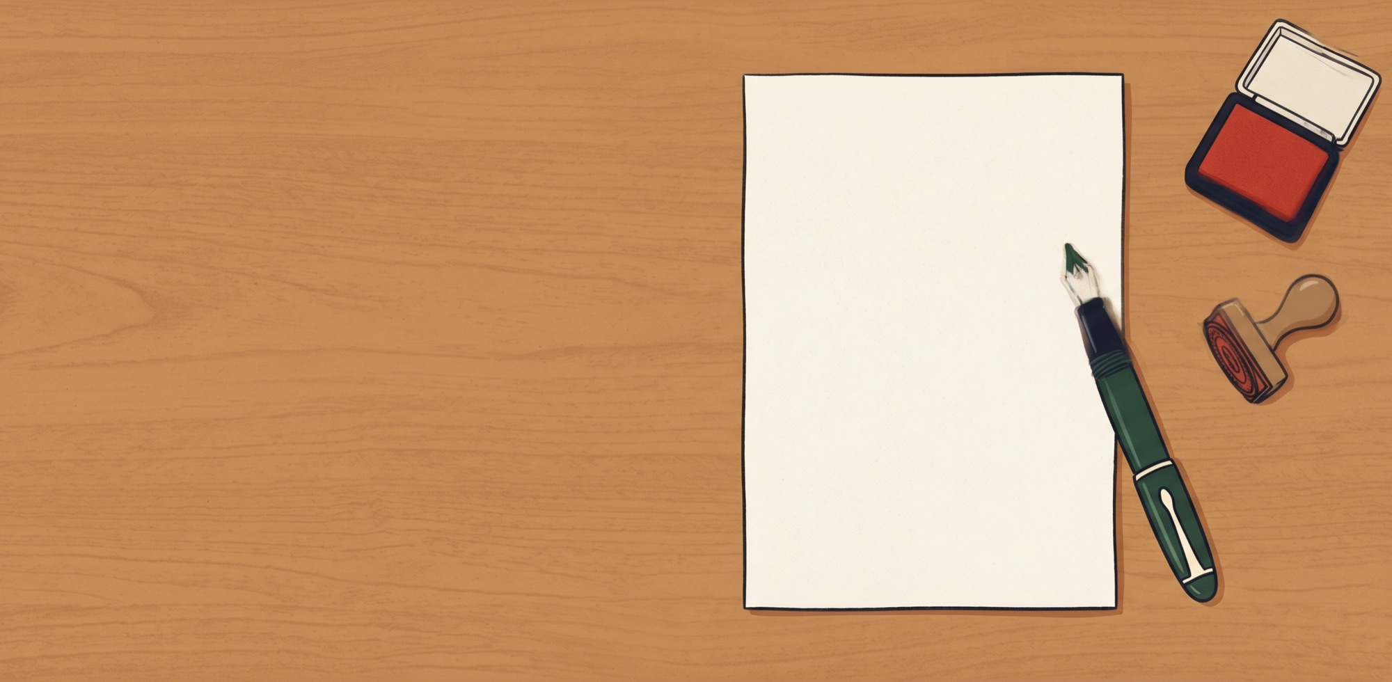 Editorial illustration: a blank sheet of cream paper on a wooden desk with a writing instrument resting beside it — the quiet moment before writing the first line.