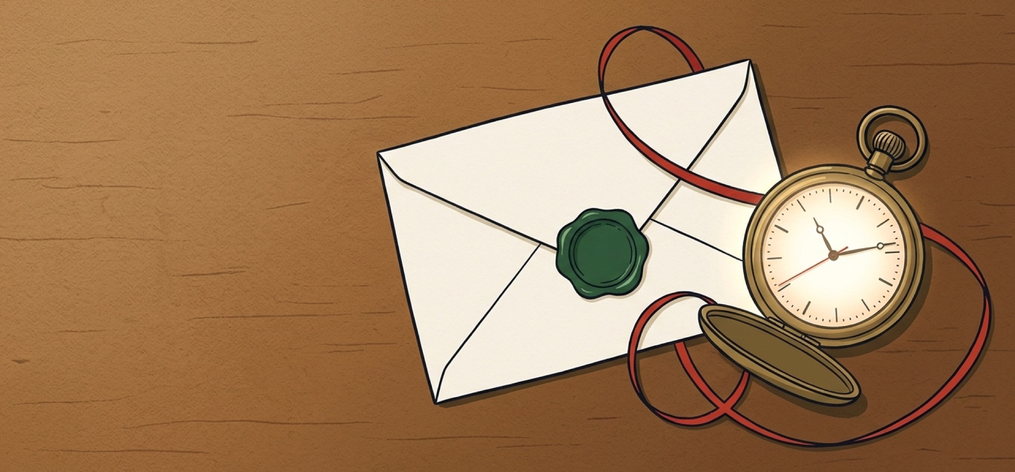 Editorial illustration: a cream envelope with a forest-green wax seal beside an open brass pocket-watch, its face glowing and hands mid-tick, a red ribbon looping between the two — the once-a-month letter and its live, always-running counterpart.