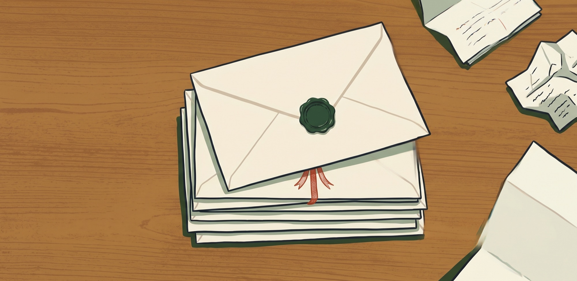 Editorial illustration: a neat stack of cream envelopes on a wooden desk, the top envelope sealed with a forest-green wax stamp and tied with a red ribbon. A few crumpled papers lie discarded to the side — the chosen versus the cut.