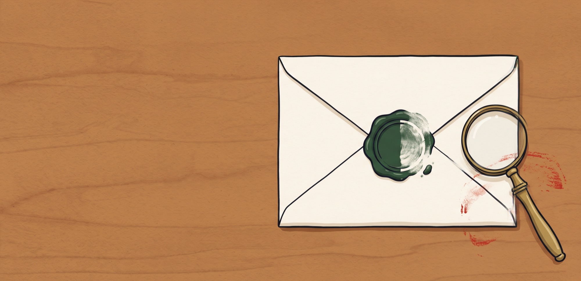 Editorial illustration: a cream envelope on a wooden desk with a half-pressed forest-green wax seal — crisp and bold on one side, smudged and faded on the other. A brass magnifying glass beside it examining the imperfection rather than resolving it.