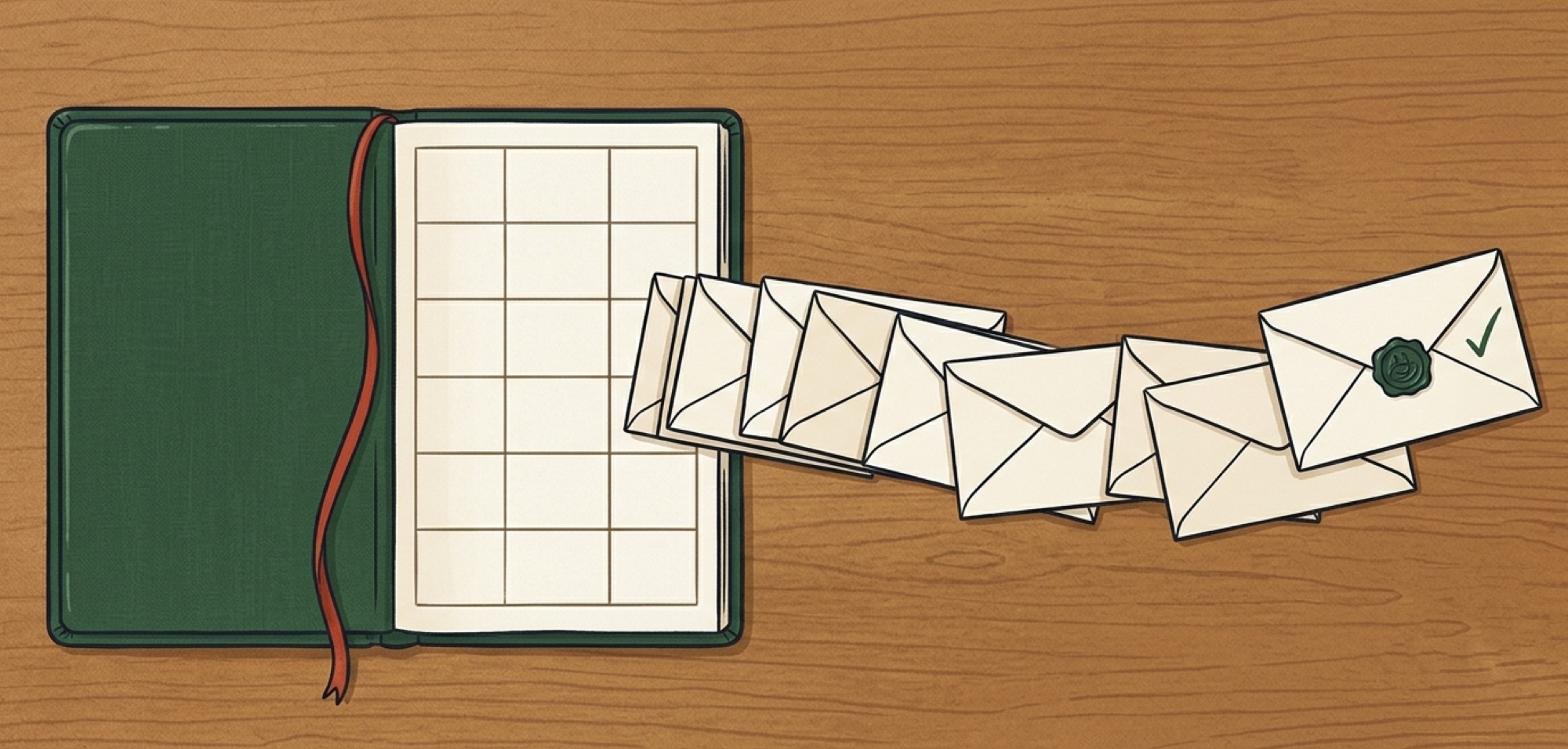 Editorial illustration: an open green ledger on a wooden desk with a red ribbon marker, and a row of cream envelopes streaming out from it across the desk — the client list flowing outward — the lead envelope carrying a forest-green wax seal.
