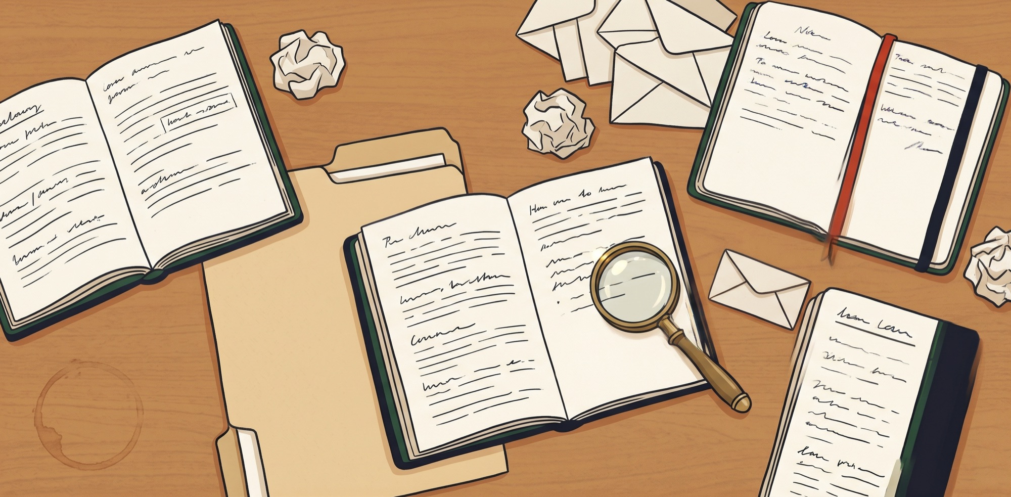 Editorial illustration: a wooden desk strewn with open notebooks, manila folders, scattered envelopes, and a brass magnifying glass — mid-search for a reporting tool that doesn't quite exist yet.