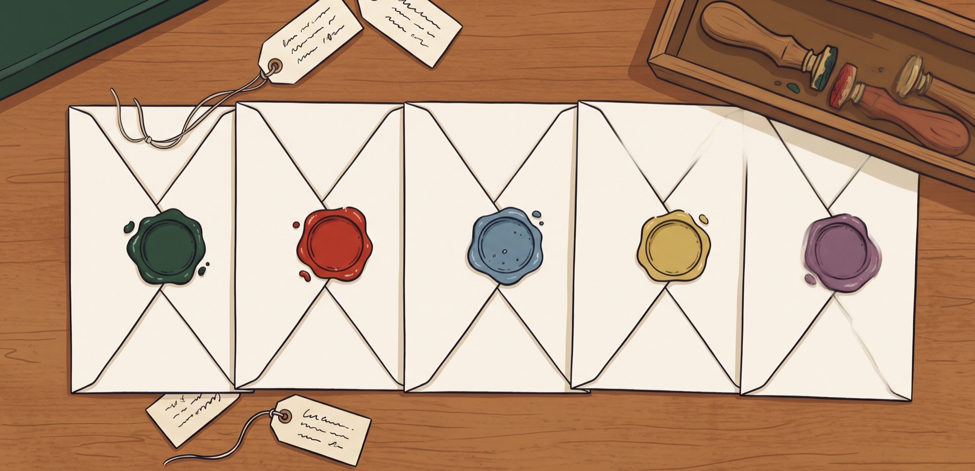 Editorial illustration: five cream envelopes laid in a row on a wooden desk, each sealed with a different-coloured wax stamp — forest green, red, dusty blue, ochre, dusky purple. A wax-stamp tray in the corner and a few paper tags with hand-written labels scattered around.