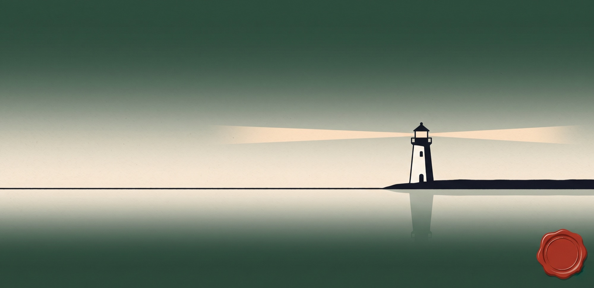 Editorial illustration: a small white lighthouse on a dark headland, casting a single steady beam across glassy water under a forest-green twilight sky. A red wax seal embossed in the corner. Quiet, steady, dependable.