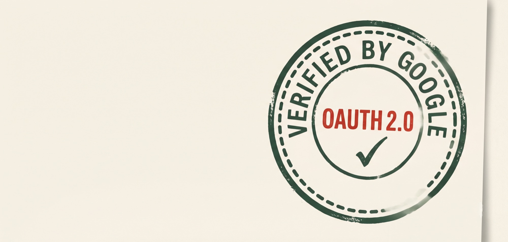 Editorial illustration: a hand-pressed circular postmark stamp on cream paper. Dashed forest-green outer ring with 'VERIFIED BY GOOGLE' curved along the top half, 'OAUTH 2.0' in stamp-red at the centre, and a small forest-green tick below it. Slight tilt, ink uneven and authentic.