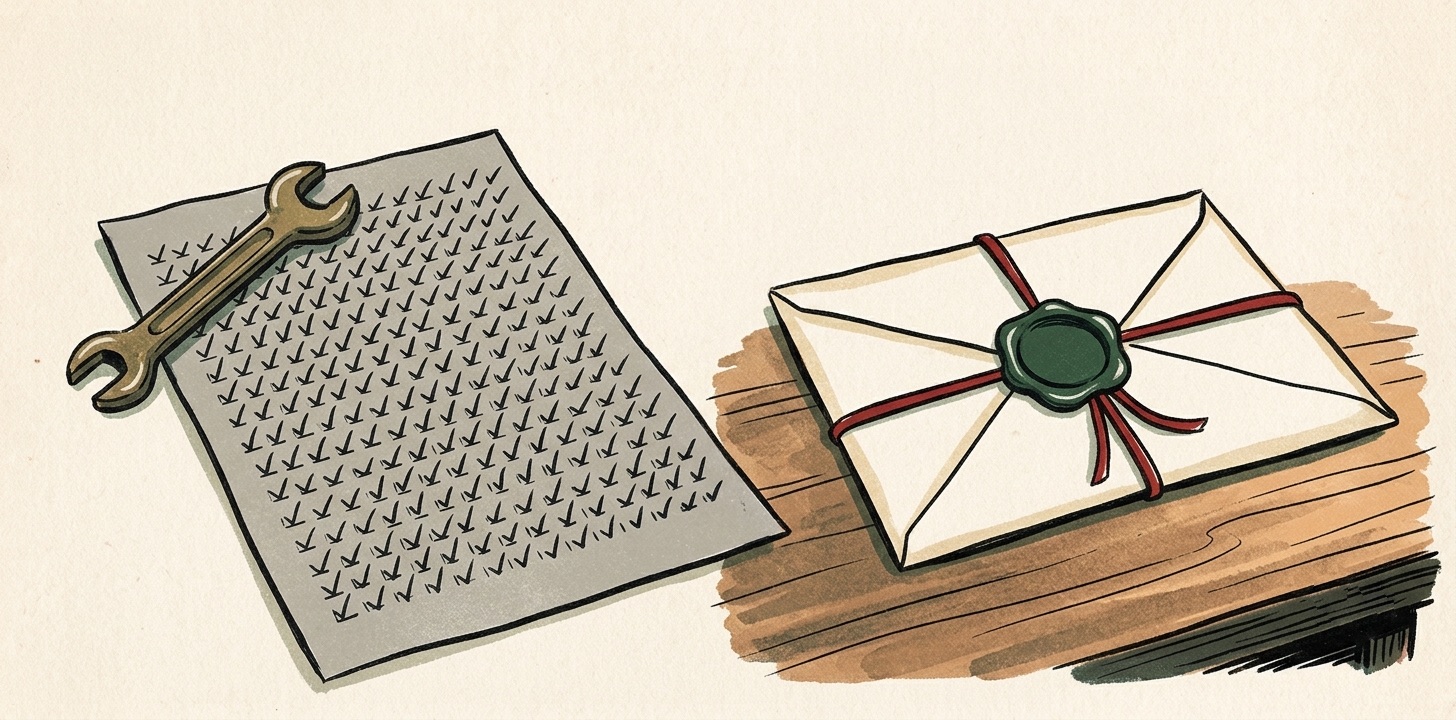 Editorial illustration: a plain grey maintenance checklist covered in tick-marks with a brass spanner lying across it, beside a cream envelope sealed with a forest-green wax stamp and red ribbon on a wooden desk. The dull receipt next to the letter worth reading.
