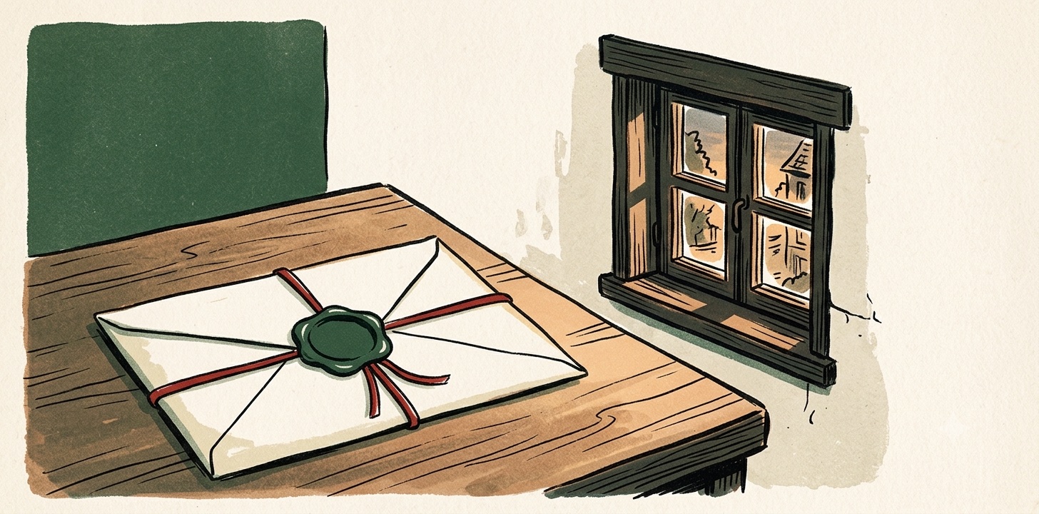 Editorial illustration: a cream envelope sealed with a forest-green wax stamp and tied with a red ribbon on a wooden desk, beside a softly glowing casement window whose panes hint at charts. The monthly letter and the live dashboard, side by side.