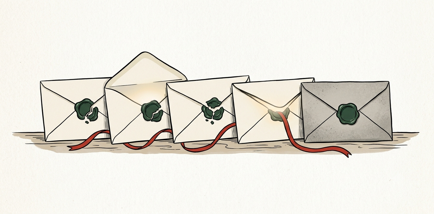 Editorial illustration: a row of cream envelopes with forest-green wax seals, most opened with their flaps ajar, and one at the end still sealed and slightly dustier than the rest, a red ribbon threading between them: the letter nobody opened.