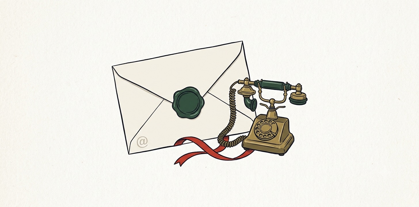 Editorial illustration: a cream envelope with a forest-green wax seal beside a small vintage brass telephone, its coiled cord flowing into a red ribbon that ties the two together, a faint @ symbol stamped in one corner: the report that brings the calls in.