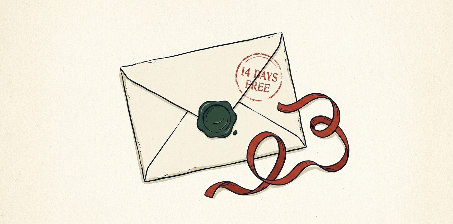 Editorial illustration in vintage-correspondence style: a cream envelope with a forest-green wax seal, a red circular postmark stamped across one corner reading '14 days free', and a red ribbon curling beside it on textured paper.