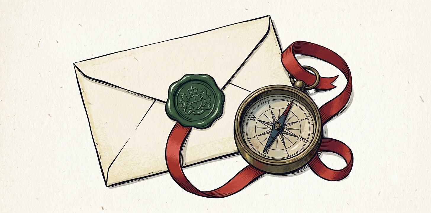 Editorial illustration: a cream envelope with a forest-green wax seal and a small antique brass compass resting against it, a red ribbon looping from the letter around the compass: the report that points the way.