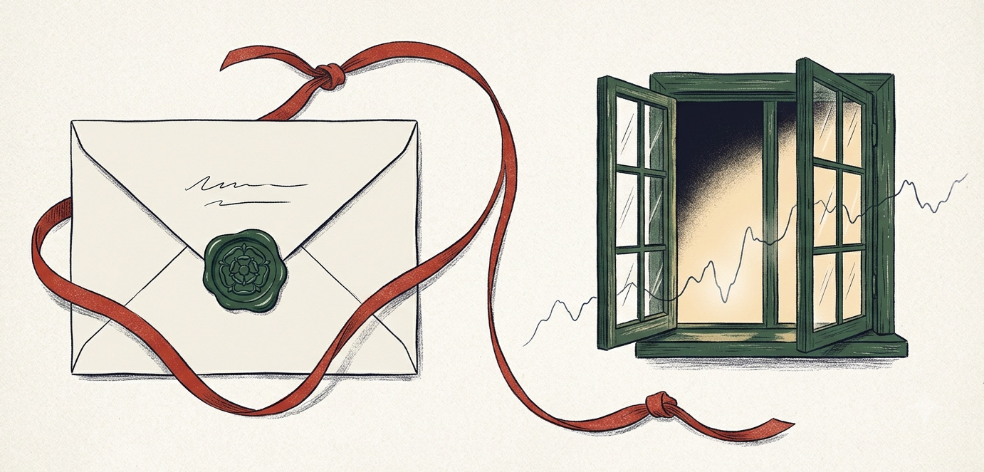 Editorial illustration in vintage-correspondence style: a cream envelope with a forest-green wax seal beside a small casement window thrown open, warm light and a faint live graph spilling out of it, a red ribbon looping between the two: the monthly letter and the always-open window beside it.