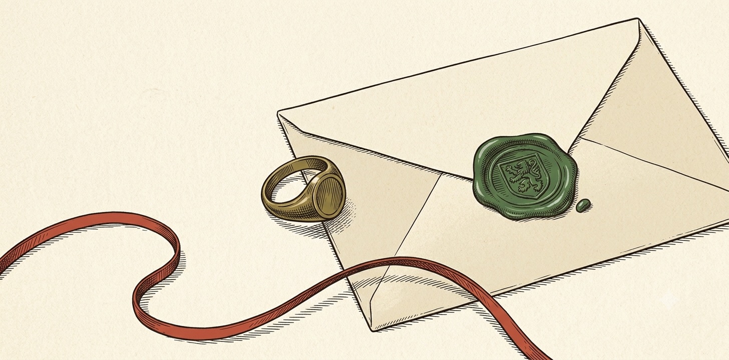Editorial illustration: a brass signet ring resting on a wooden desk beside a cream envelope, its forest-green wax seal freshly pressed with a small ornamental crest, and a red ribbon curling across the foreground: your own mark on the work.