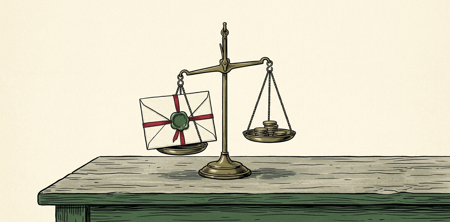 Editorial illustration: a brass balance scale on a wooden desk, one pan holding a cream envelope sealed with a forest-green wax stamp and tied with a red ribbon, the other holding a small stack of coins. The scale tips slightly towards the letter.