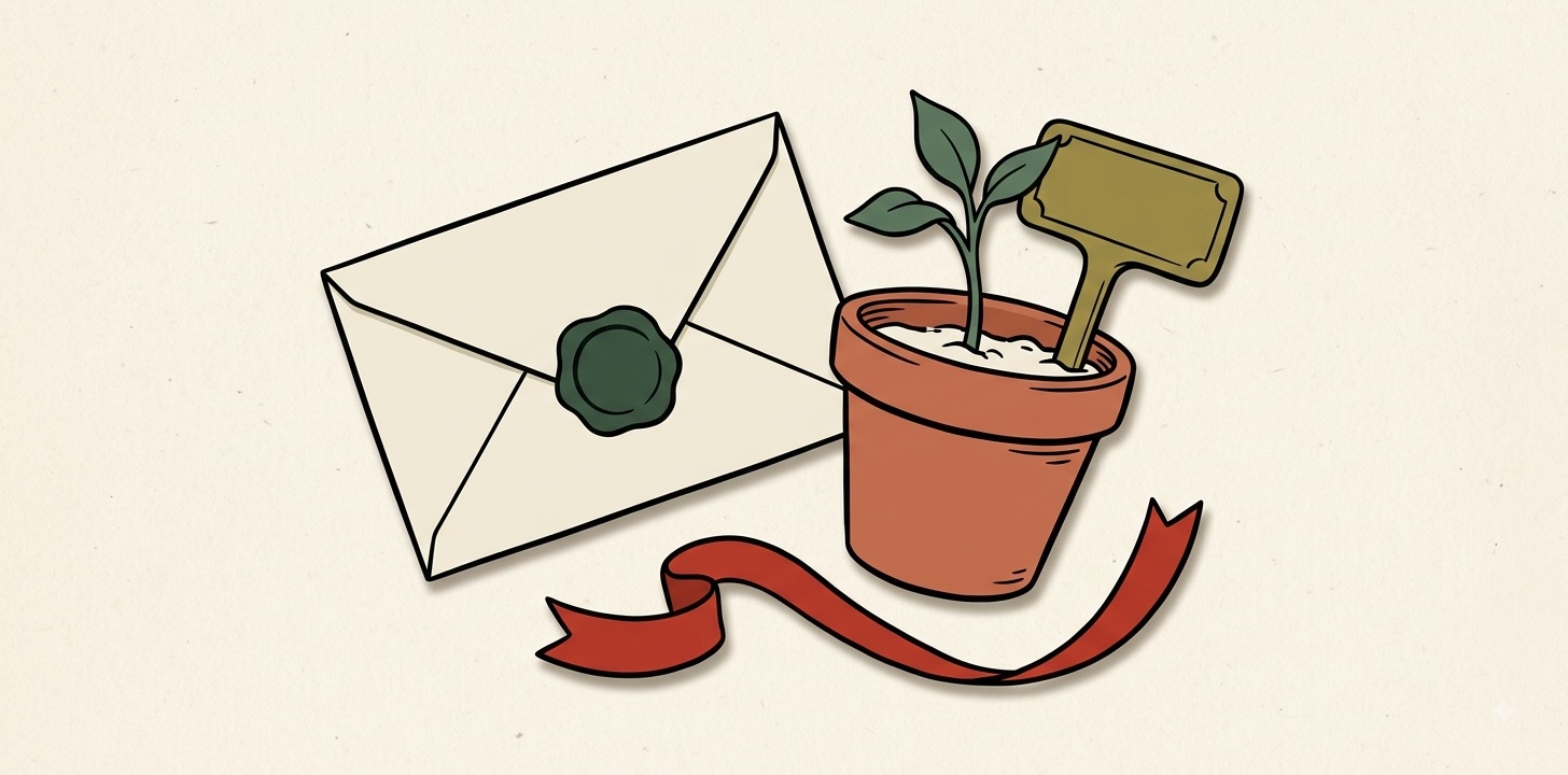 Editorial illustration: a cream envelope sealed with a forest-green wax stamp beside a small terracotta plant pot holding a single seedling, a brass plant label on a stake pushed into the soil, and a red ribbon curling across the foreground.