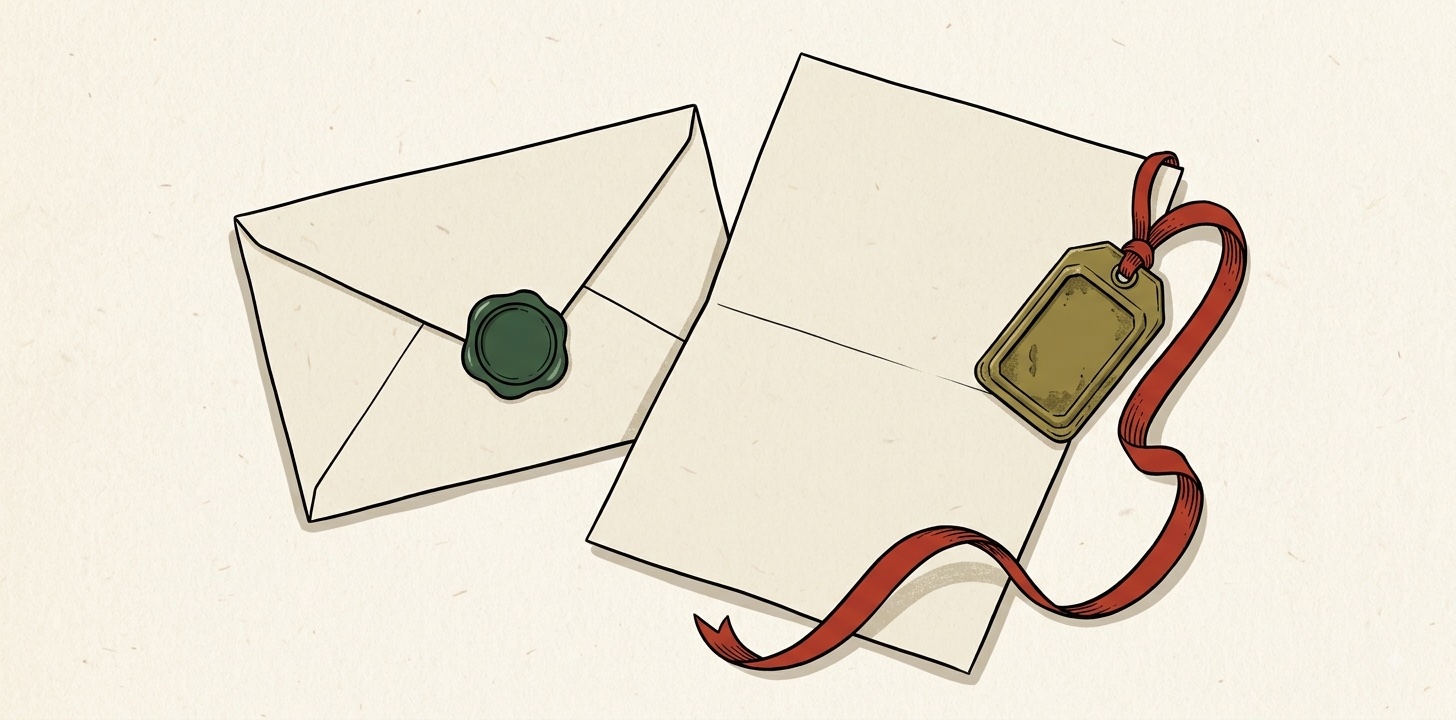 Editorial illustration: a cream envelope sealed with a forest-green wax stamp, beside a single sheet of cream paper folded once, with a small antique brass luggage tag tied to its corner by a red ribbon that curls across the foreground.