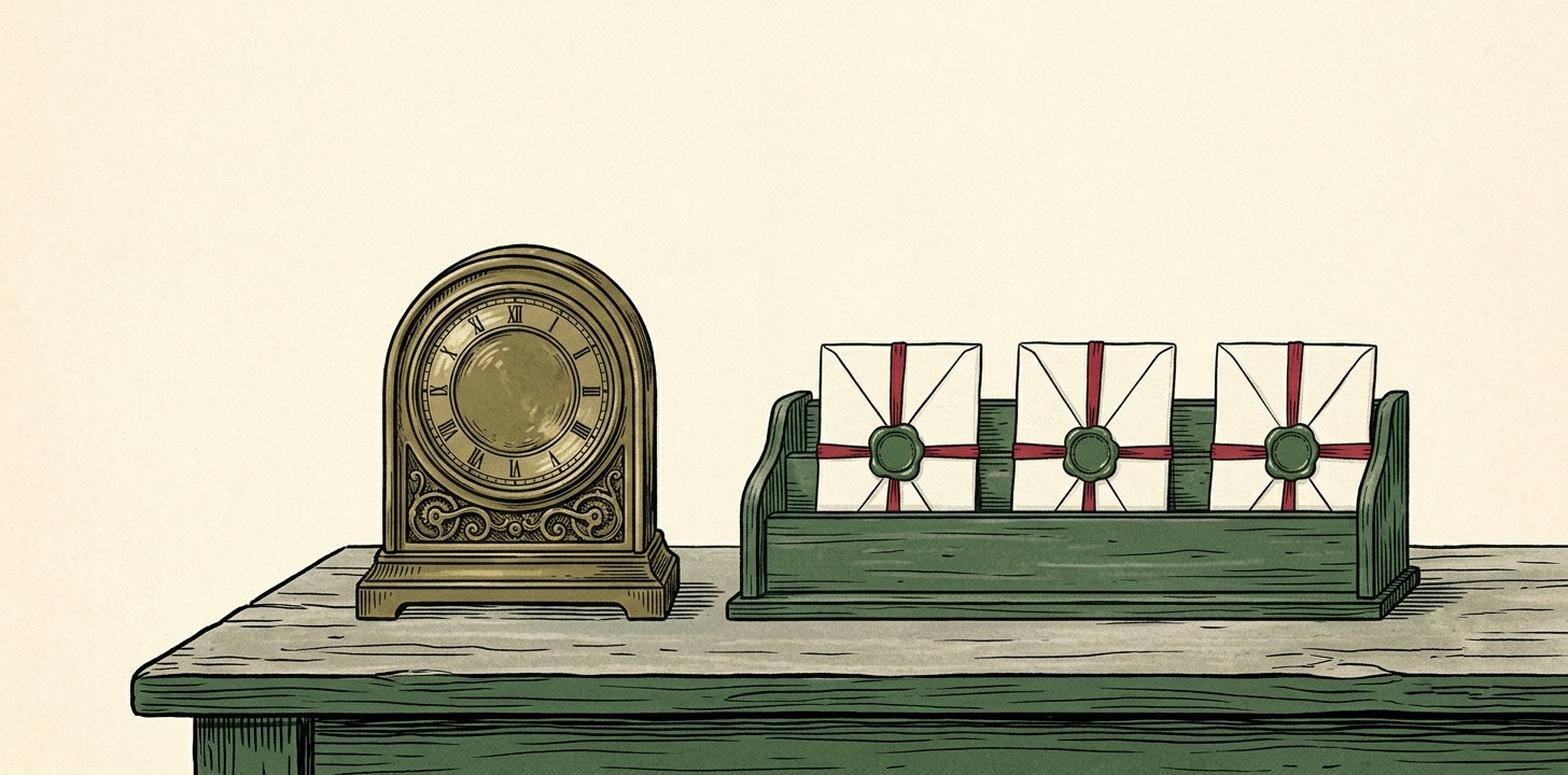 Editorial illustration: a vintage brass mantel clock on a wooden desk beside a rack holding three evenly spaced cream envelopes, each sealed with a forest-green wax stamp and tied with a red ribbon.