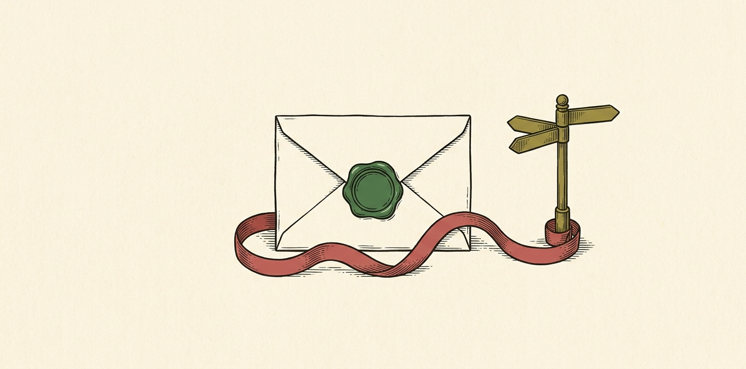 Editorial illustration: a cream envelope with a forest-green wax seal, a red ribbon uncoiling from beneath it and curling across the page to the foot of a small brass fingerpost signpost whose arms point in different directions: the report that shows you where the work came from.