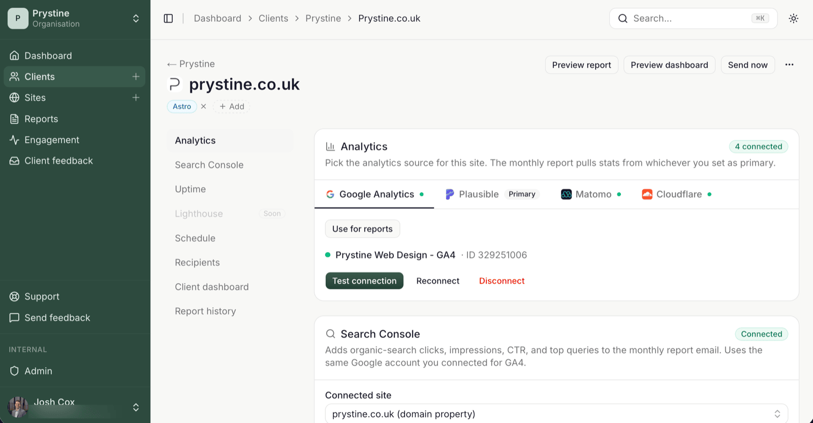 A site's Analytics section in SendTidings showing Google Analytics, Plausible, Matomo and Cloudflare tabs, with a Use for reports control that sets which provider feeds the monthly report.