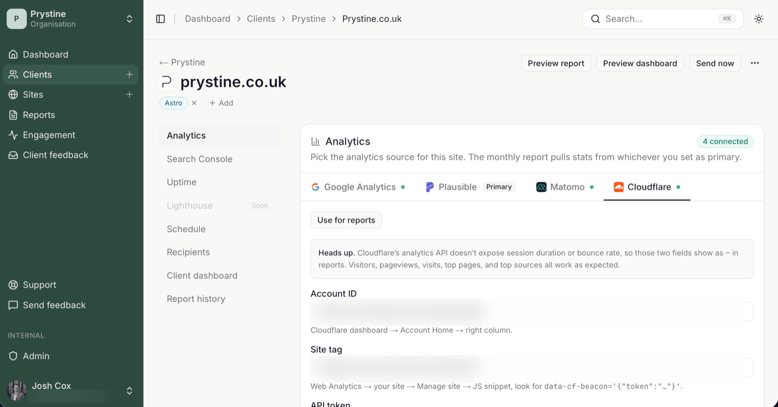 The Cloudflare tab in a site's Analytics section, with fields for account ID, site tag and a read-only API token.