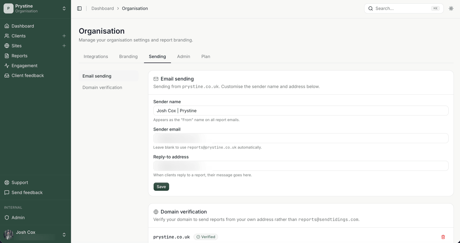 The Organisation Sending settings in SendTidings: sender name, sender email, reply-to address and a verified sender domain below.