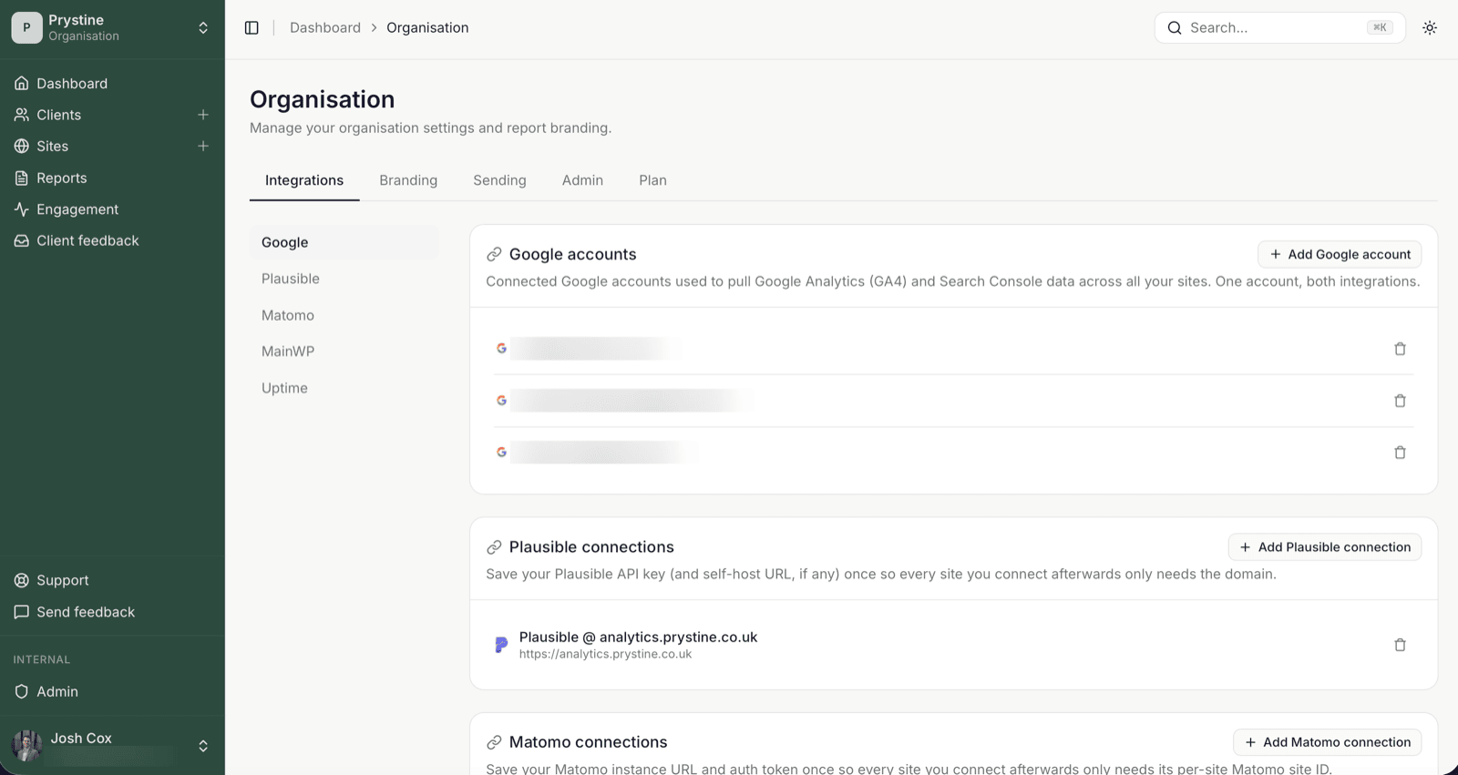 The Organisation Integrations page in SendTidings listing connected Google accounts and a saved Plausible connection.