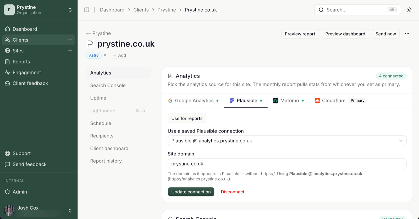 A site's Analytics section in SendTidings with the Plausible tab selected, choosing a saved Plausible connection and the site's domain.