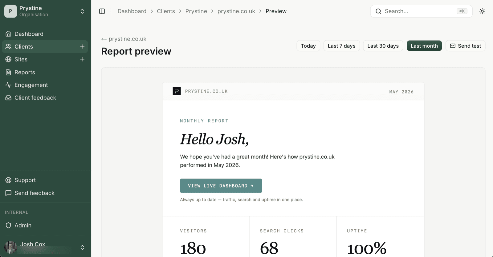 A monthly report preview in SendTidings with a Send test button in the top-right toolbar.